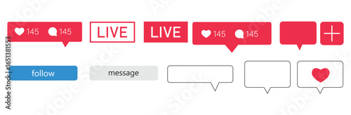 Red, Social, Icon, digital user interface elements with like heart comment follow message live button and notification bubble isolated design for modern media artwork 