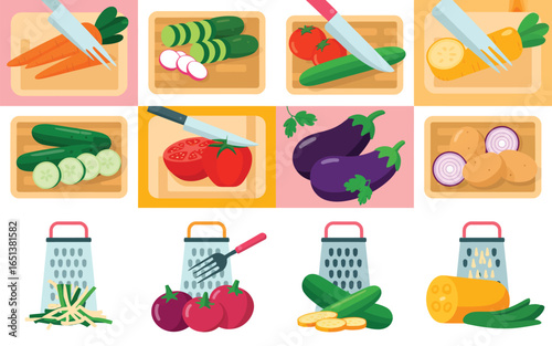 Collage of fresh vegetables being prepared for cooking and grating