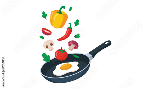 Fresh ingredients falling into a frying pan with fried egg