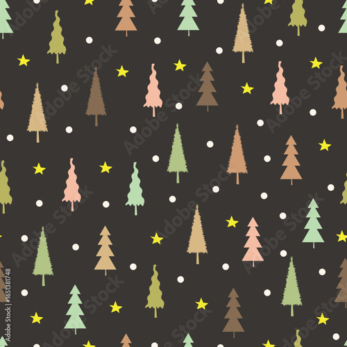 Christmas tree vector seamless pattern. Holly jolly Xmas surface design of pine trees, stars and polka dots on dark gray background