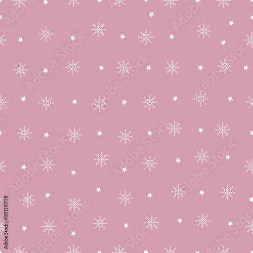 Christmas snowflakes vector seamless pattern. Holly jolly Xmas surface design of snow crystals and stars on pink background