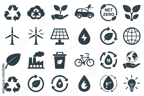 Collection of Sustainable Energy and Eco Friendly Icons for Net Zero Initiatives