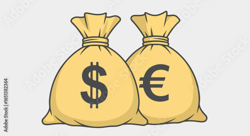 Two Yellow Money Bags with Dollar and Euro Symbols.