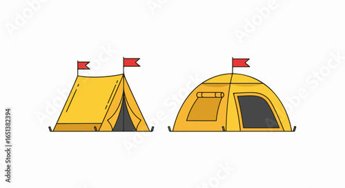 Two Yellow Camping Tents with Red Flags, One A-Frame and One Dome Style.