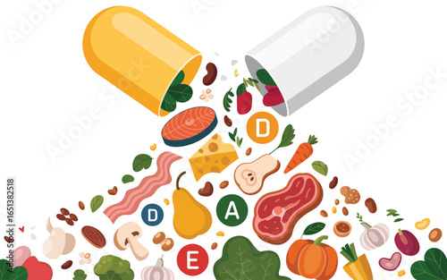 Open capsule spilling out healthy foods and vitamins