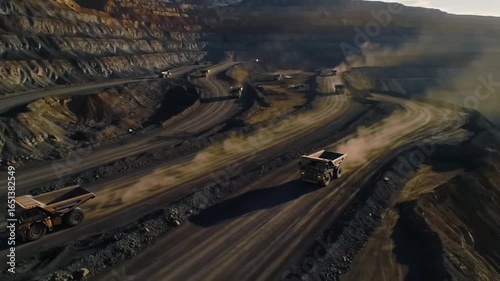 Drone shot of a massive gold mine with trucks moving along winding dirt roads, cinematic wide view