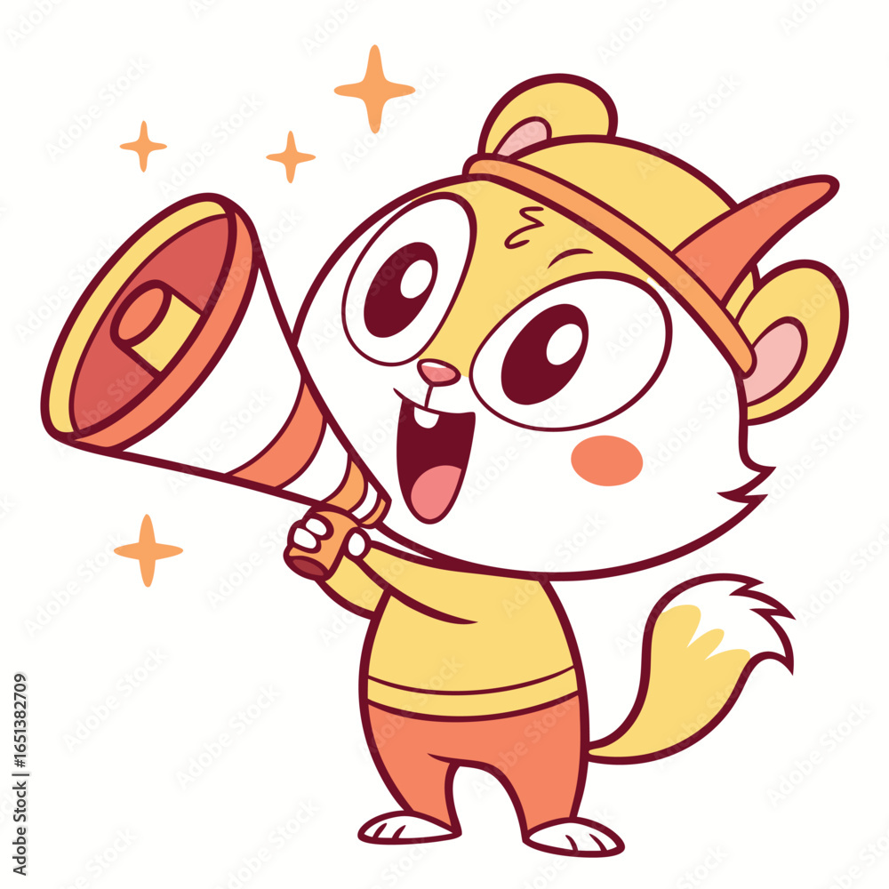 Naklejka premium Cartoon chipmunk shouts, uses a megaphone, winks and sparkles