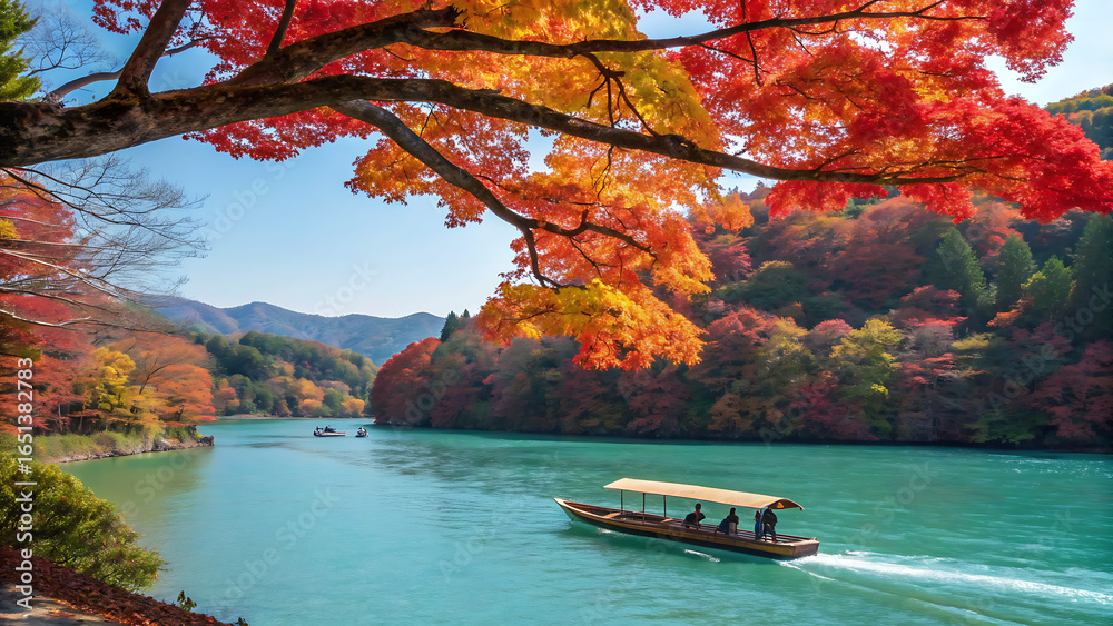Naklejka premium Traditional wooden boat gliding along a turquoise river, surrounded by lush autumn foliage. 