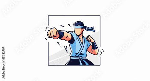 Martial Artist in Blue Gi and Headband Delivering a Powerful Punch.