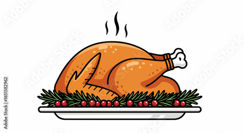 Perfectly Roasted Golden Brown Turkey with Festive Cranberry and Rosemary Garnish.