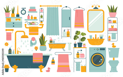 Modern bathroom interior design elements and fixtures collection