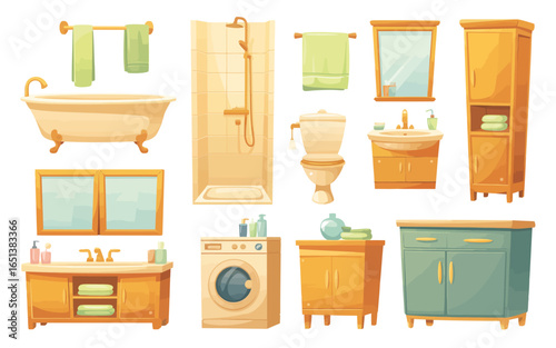 Collection of cartoon bathroom furniture and fixtures for interior design