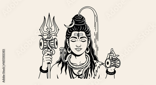 Lord Shiva, the Destroyer, depicted with serene expression, holding trident and damaru drum.