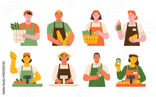 Diverse group of people working in a grocery store or market
