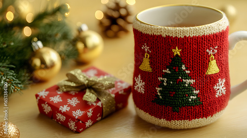 Cozy Christmas Scene with Knitted Mug, Gift Box, and Festive Ornaments