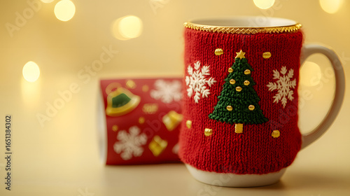 Cozy Christmas Scene with Knitted Mug, Gift Box, and Festive Ornaments