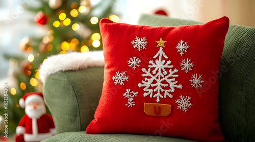 Cozy Christmas Scene with Knitted Mug, Gift Box, and Festive Ornaments