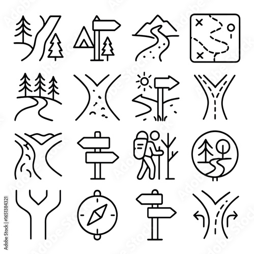 Minimalist hiking icons set: trails, compass, mountains, trees, pathways