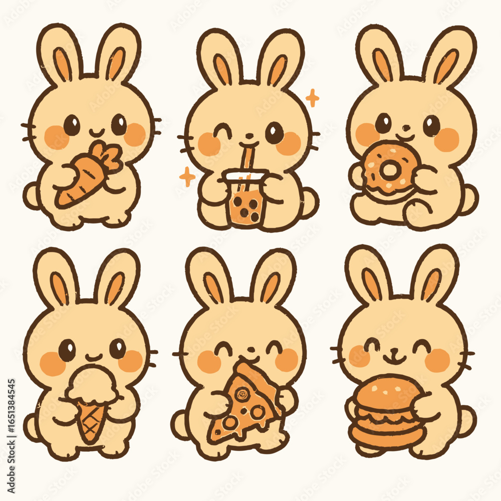 Fototapeta premium Cute rabbit character sticker set with eating theme