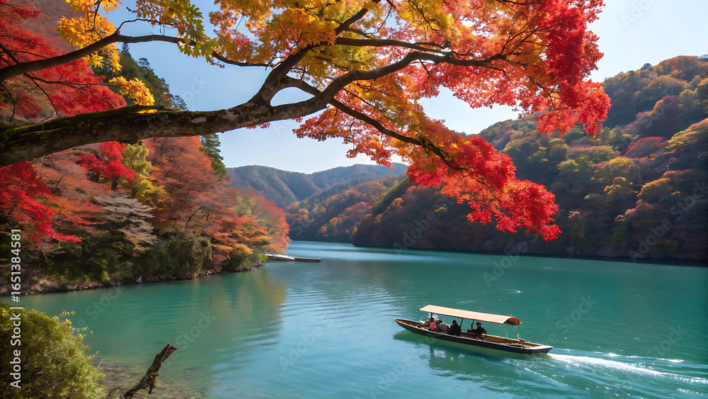 Naklejka premium Traditional wooden boat gliding along a turquoise river, surrounded by lush autumn foliage. 