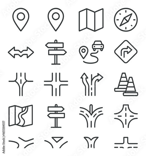 Navigation icons collection: maps, compass, and directions