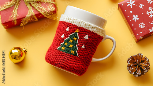 Cozy Christmas Scene with Knitted Mug, Gift Box, and Festive Ornaments