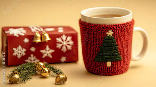 Cozy Christmas Scene with Knitted Mug, Gift Box, and Festive Ornaments