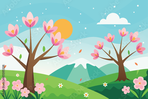 Sun Dipping Behind Snowy Peaks in the Evening Vector