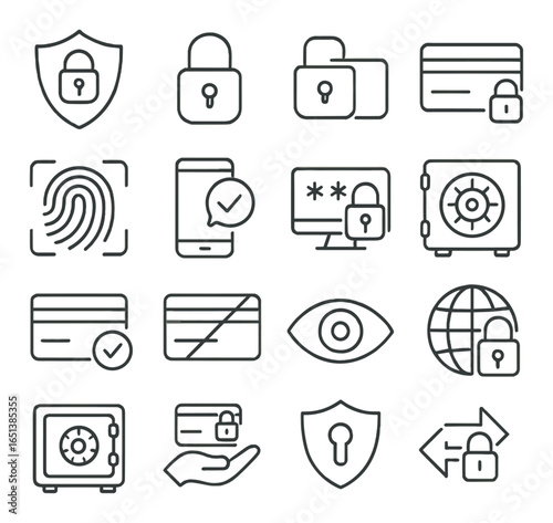 Secure icon set featuring locks, cards, and devices for privacy protection