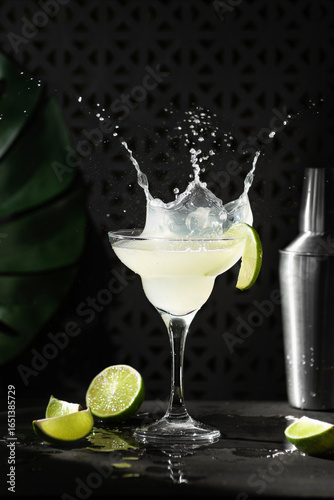 Refreshing cocktail with splash effect, garnished with lime slices, served in a stylish glass, showcasing vibrant colors and dynamic motion in a tropical setting