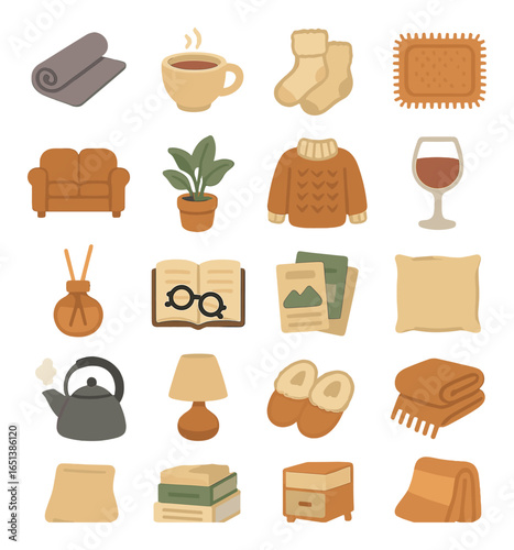 Cozy home essentials collection with warm colors and comfortable items