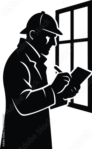 Vector Illustrator Detective inspector Taking Notes Near Window Silhouette