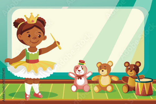 Girl in ballet tutu and crown holding baton, “conducting” toy orchestra of stuffed animals