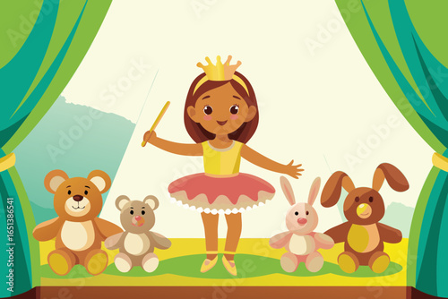 Girl in ballet tutu and crown holding baton, “conducting” toy orchestra of stuffed animals