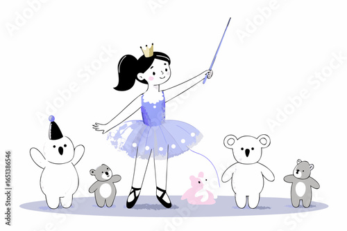 Girl in ballet tutu and crown holding baton, “conducting” toy orchestra of stuffed animals