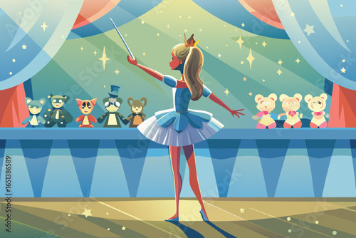 Girl in ballet tutu and crown holding baton, “conducting” toy orchestra of stuffed animals
