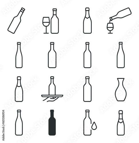 Wine bottle icons on gray background with glasses and decanter