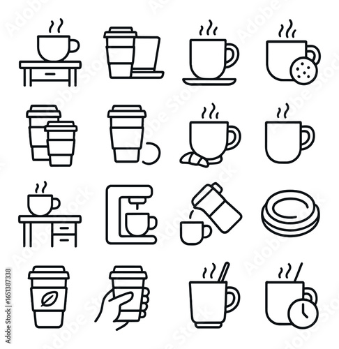 Coffee-themed icons collection featuring various cups and brewing elements