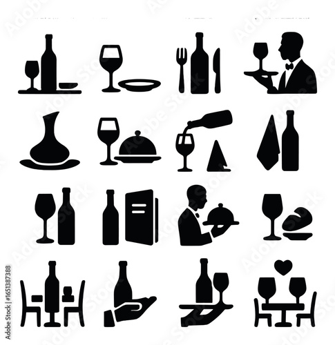 Elegant dining icons: wine, dinner, and service symbols for fine dining concepts