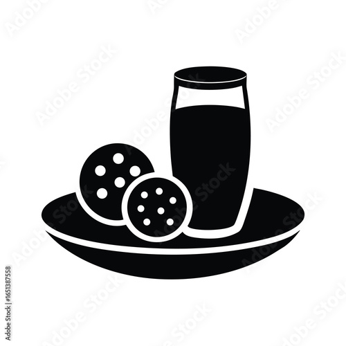 Vector art of black and icon of a glass of juice with cookies in a bowl, isolated