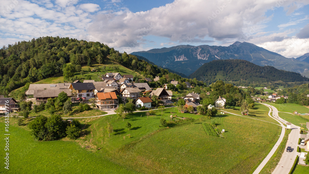 Fototapeta premium Aerial View of a Quaint Town Center with Red Roofs and Nearby River