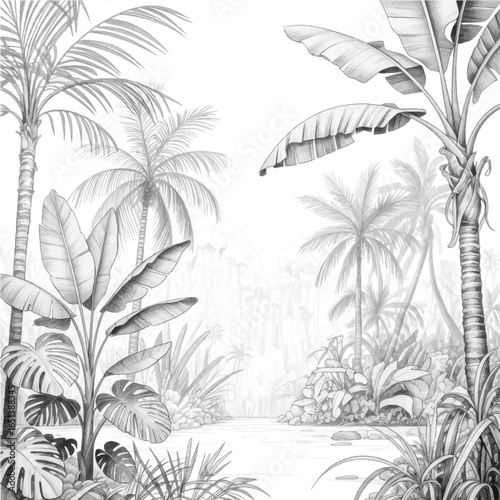 Monochrome Jungle Illustration Featuring Palm Trees Banana Plants and Tropical Vegetation Creating a Serene and Exotic Ambiance