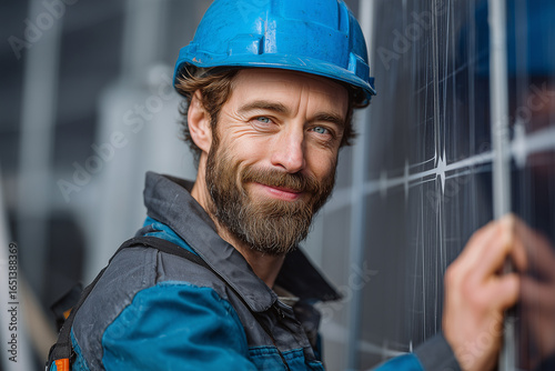 Smiling male technician in blue suit installing photovoltaic blue solar modules with screw. Man electrician panel sun sustainable resources renewable energy source alternative innovation	

