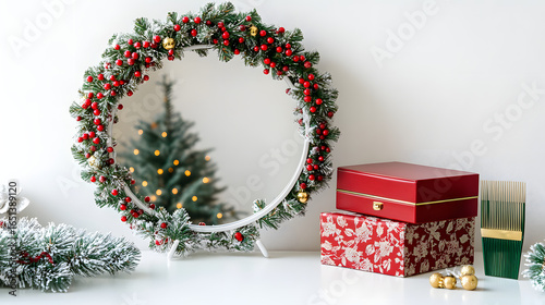 Festive Holiday Setup with Mirror, Red Boxes, and Berry Garland
