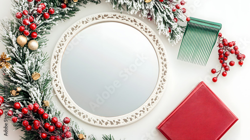 Festive Holiday Setup with Mirror, Red Boxes, and Berry Garland