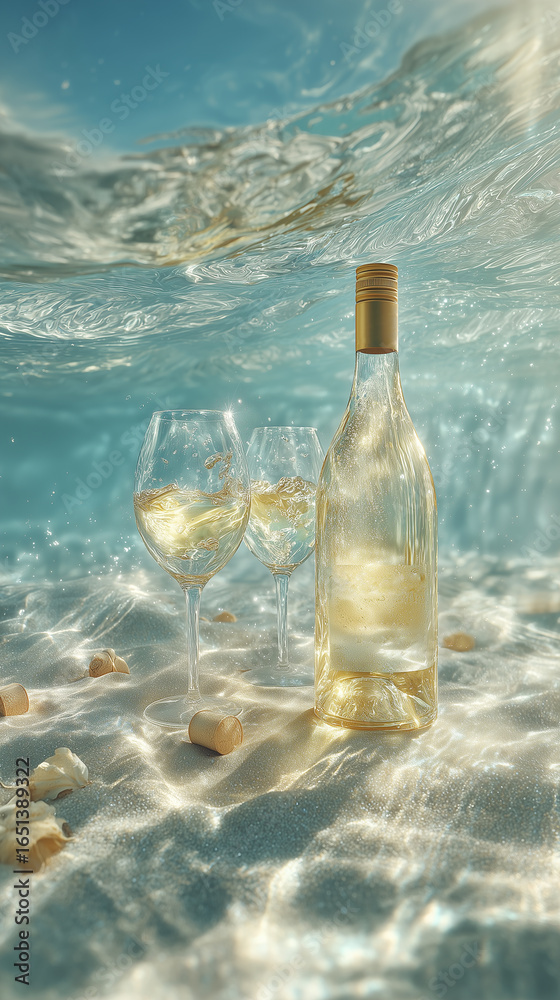 Obraz premium Bottle and glasses of white wine standing on the seabed with corks and seashells, creating a luxurious underwater scene