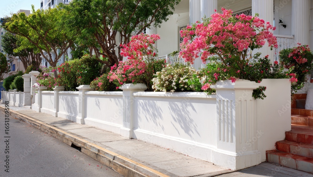 Fototapeta premium White-walled houses with pink flowers