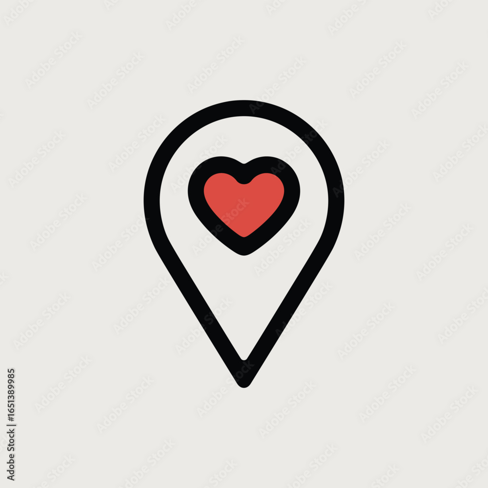 Fototapeta premium A minimalist vector illustration of a map pin with a heart icon inside, symbolizing love or favorite location.