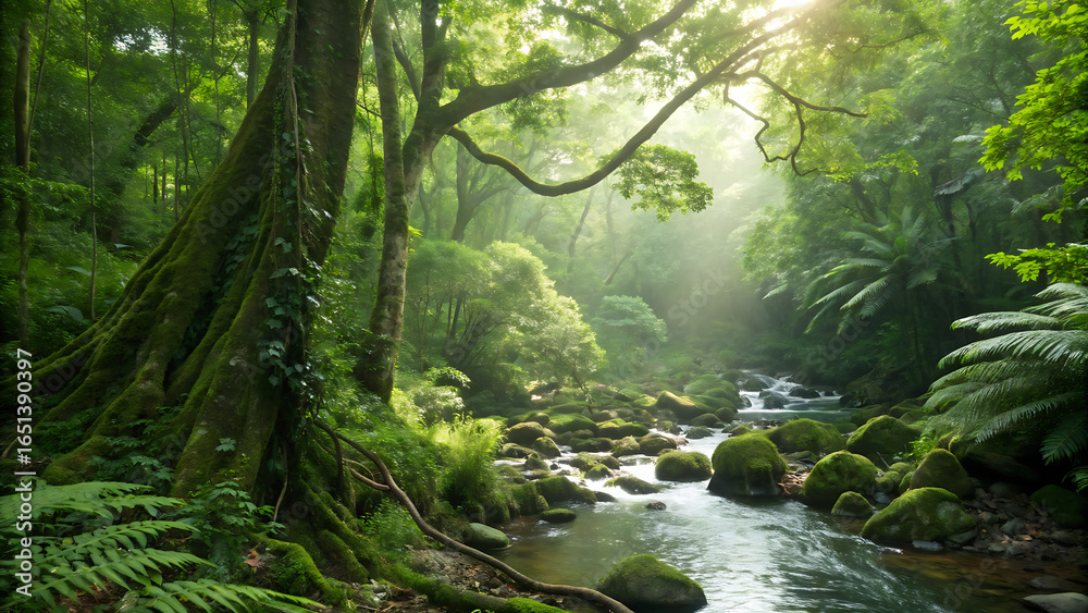 Fototapeta premium Showcasing a dense canopy of green foliage with sunlight streaming through, creating a dappled effect on the forest floor.