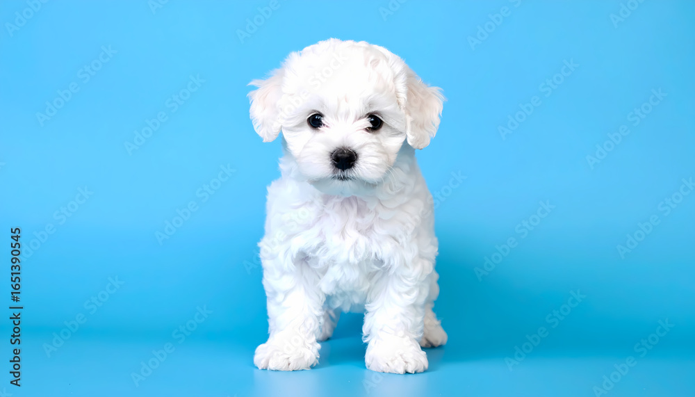 Obraz premium Fluffy white puppy against blue background